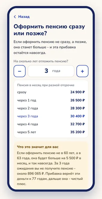 Экран приложения: на сколько вырастет пенсия, если оформить её позже